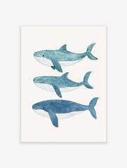 Three blue watercolour whales swimming horizontally on a light background, arranged vertically