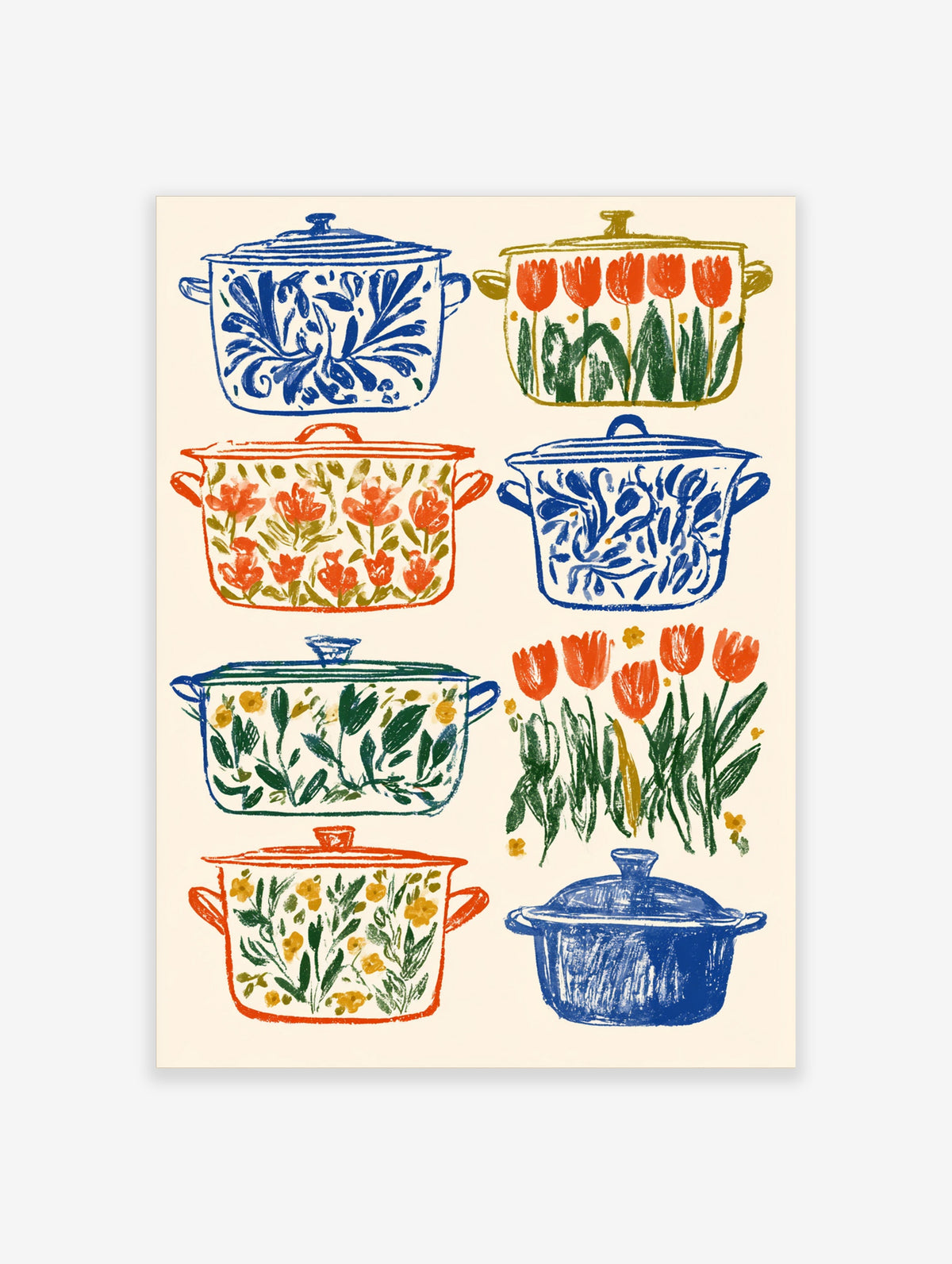 Colourful enamel pot poster with blue and white floral motifs, red tulips, and green leaves on cream background