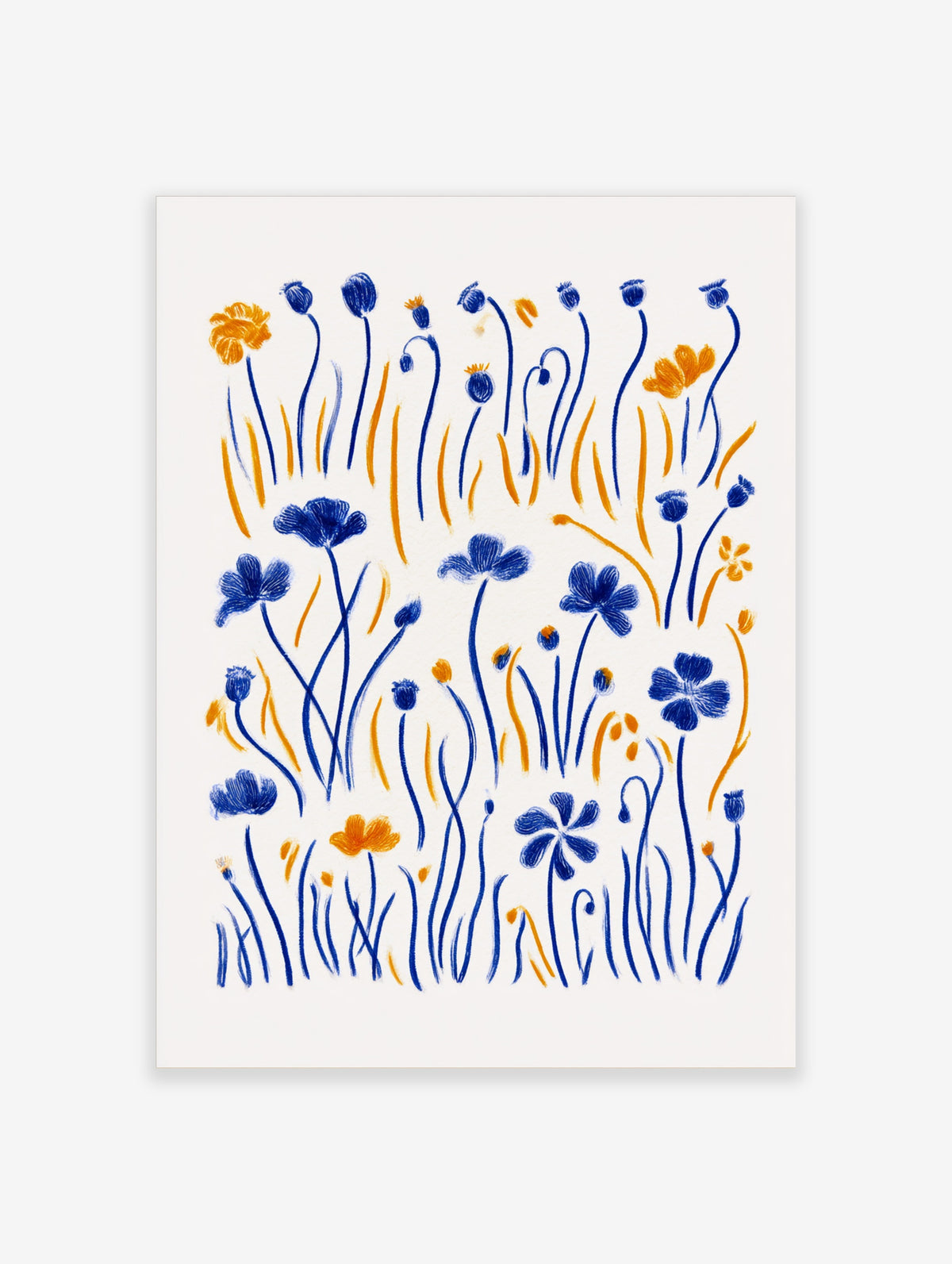 Blue wildflower poster with tall stems, poppy heads, and orange accents on white background
