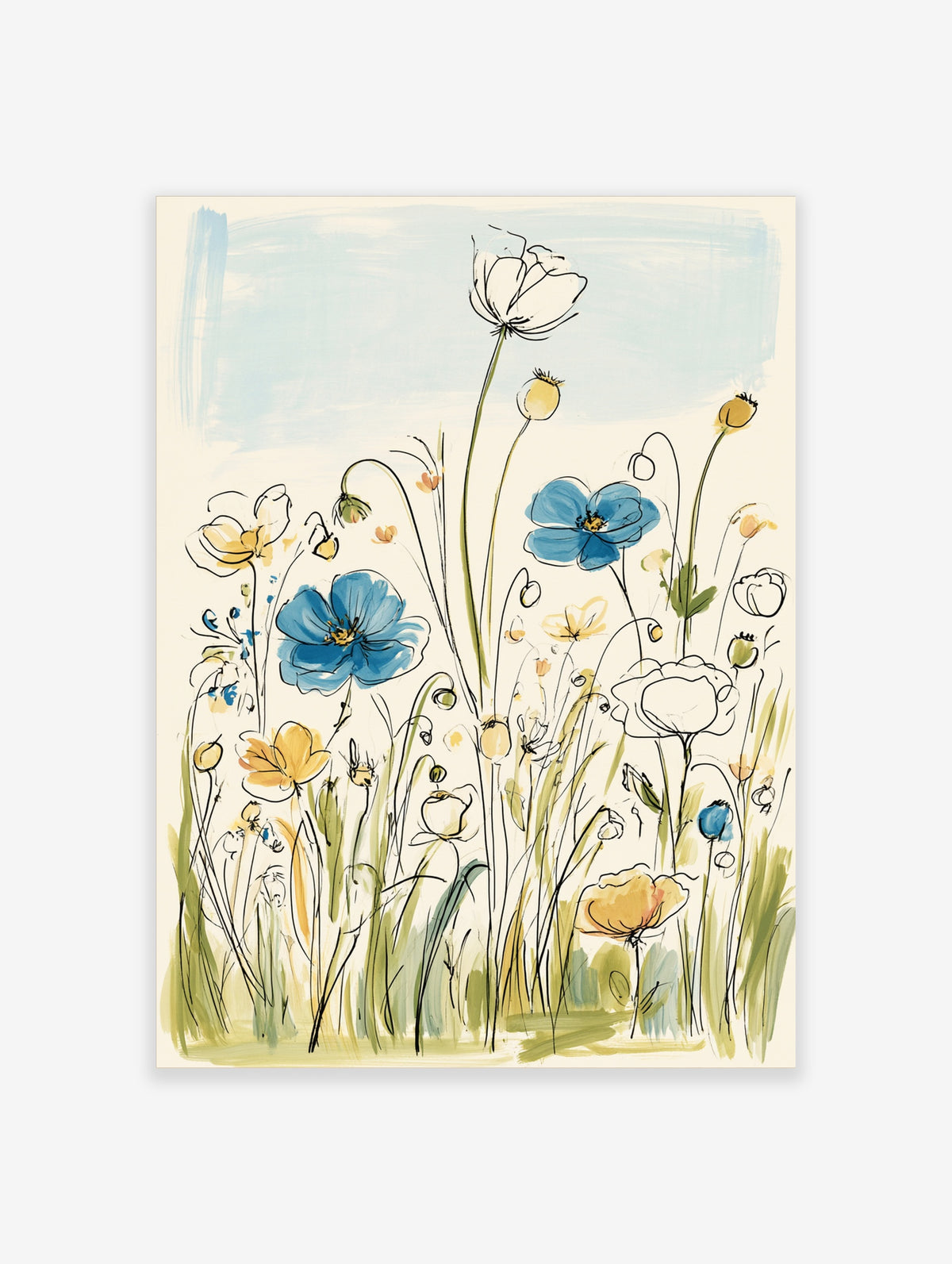 Blue and yellow wildflower meadow art print with ink outlines and pale blue sky