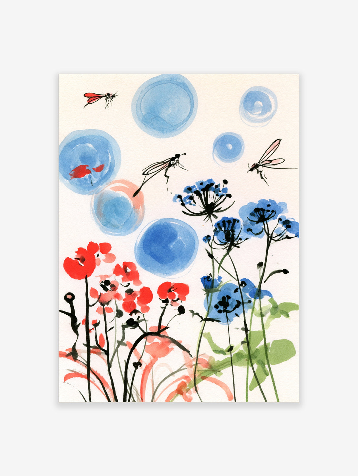 Blue wildflower ink wash art print with red poppies and flying insects