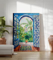 Blue Window Garden Poster showing a vibrant Moroccan garden with orange trees, palm, blue dome, and tiled floor. - Image 3