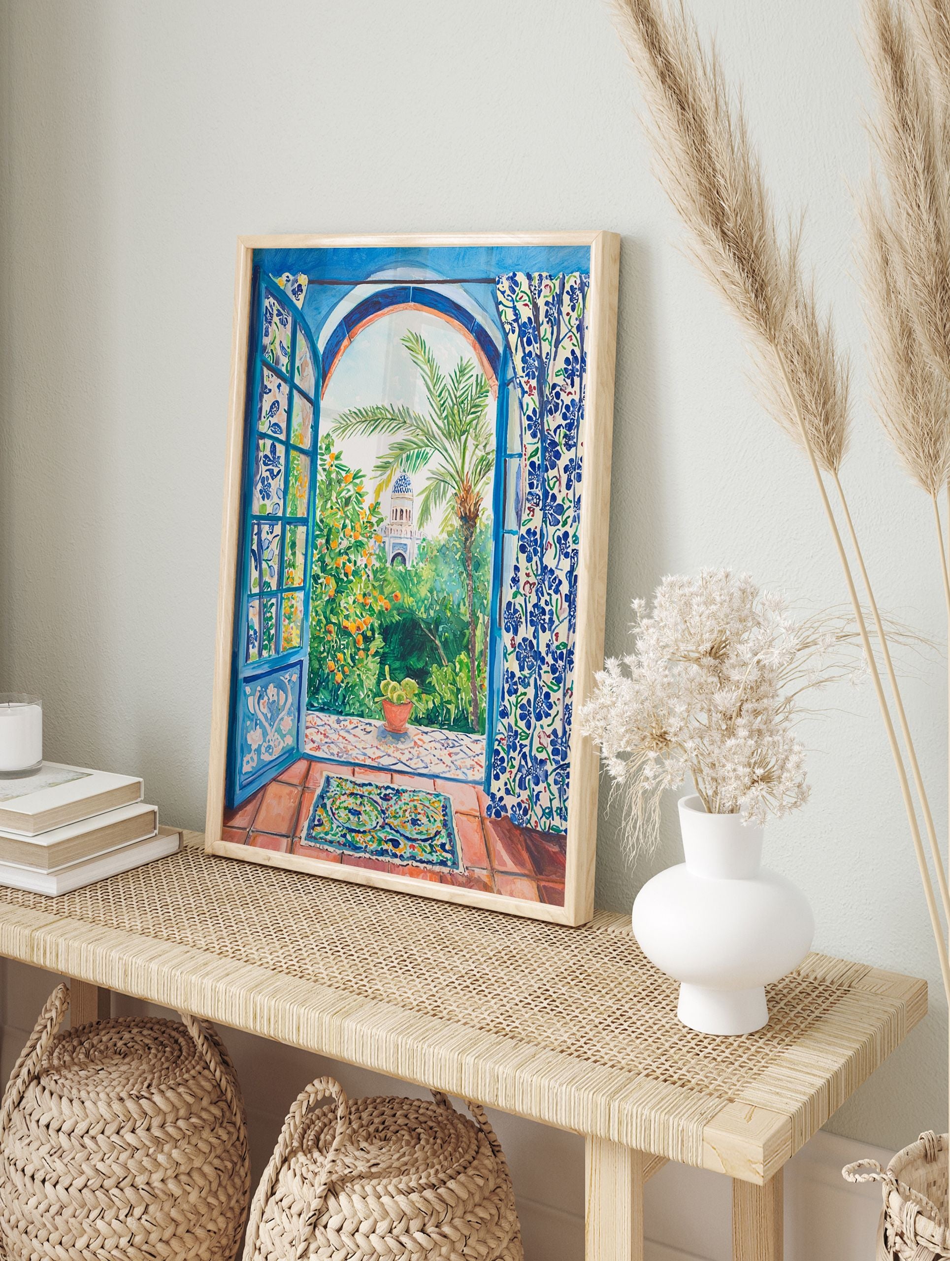 Blue Window Garden Poster showing a vibrant Moroccan garden with orange trees, palm, blue dome, and tiled floor. - Image 4