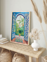 Blue Window Garden Poster showing a vibrant Moroccan garden with orange trees, palm, blue dome, and tiled floor. - Image 4