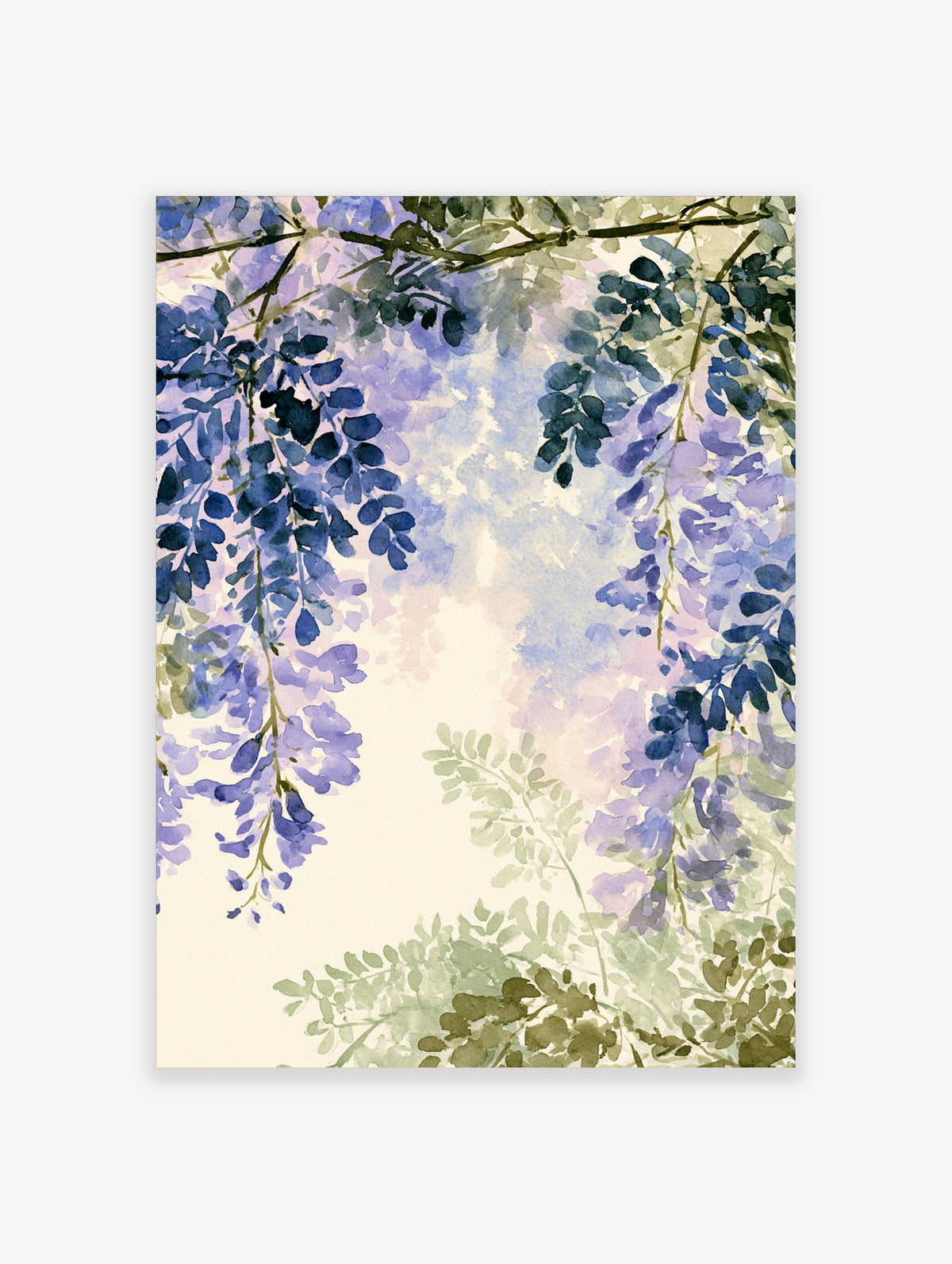 Blue and purple wisteria watercolour art print with green foliage on cream background