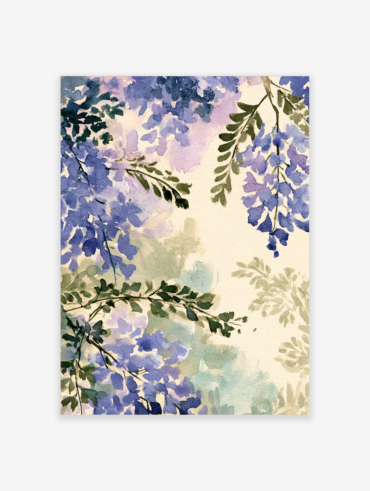 Blue and purple wisteria watercolour print with green leaves on cream background