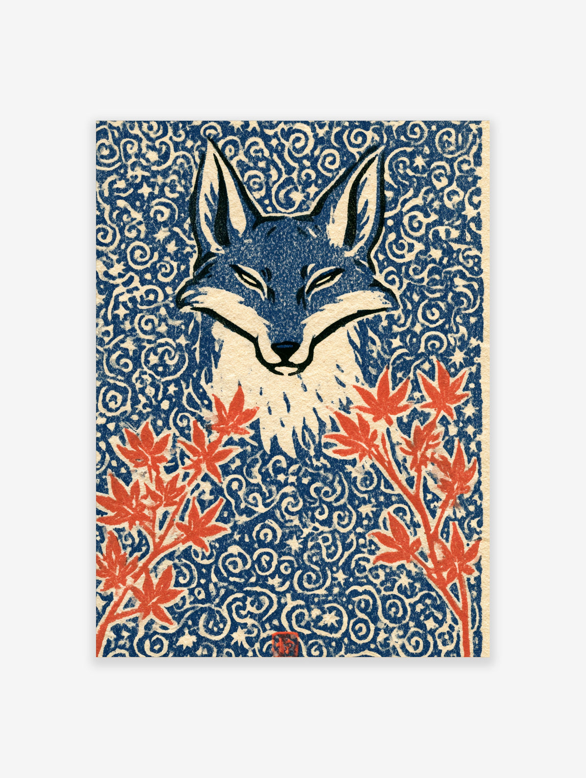Blue wolf head with red maple leaves on indigo swirl background Japanese style animal art print