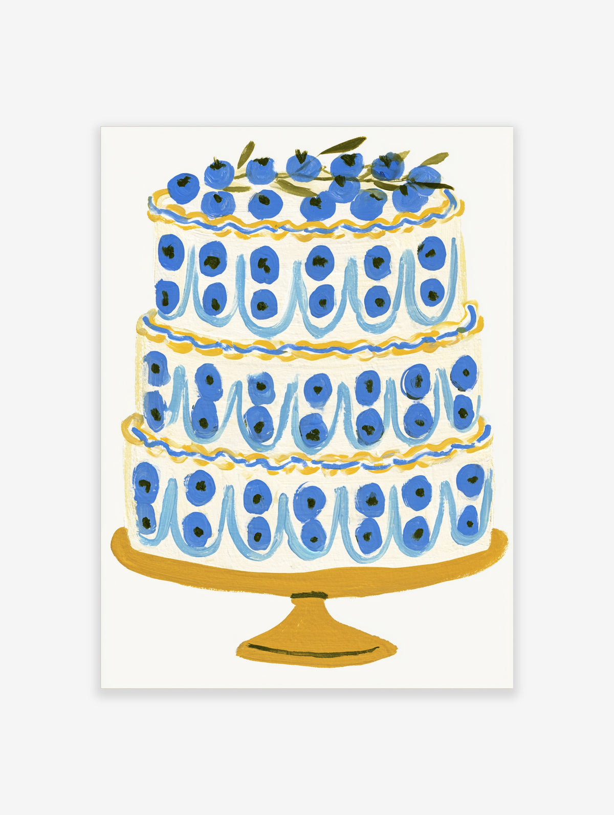 Blueberry cake illustration with blue berries and wavy icing on a yellow stand