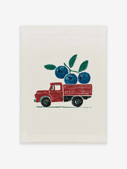 Red vintage pickup truck carrying a branch of blue blueberries and green leaves, illustrative print