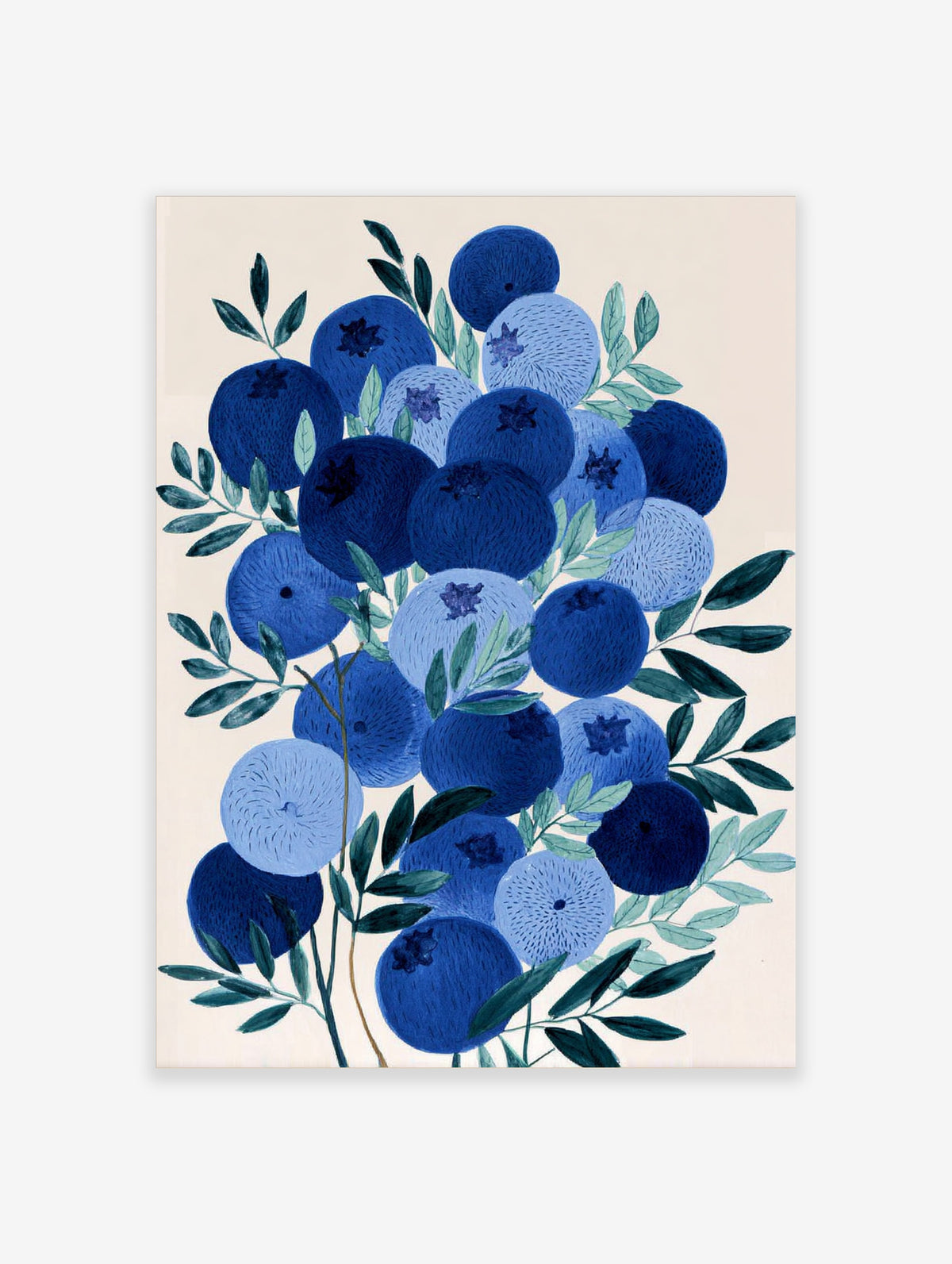 Blueberry botanical illustration art print with blue berries and green leaves on cream background