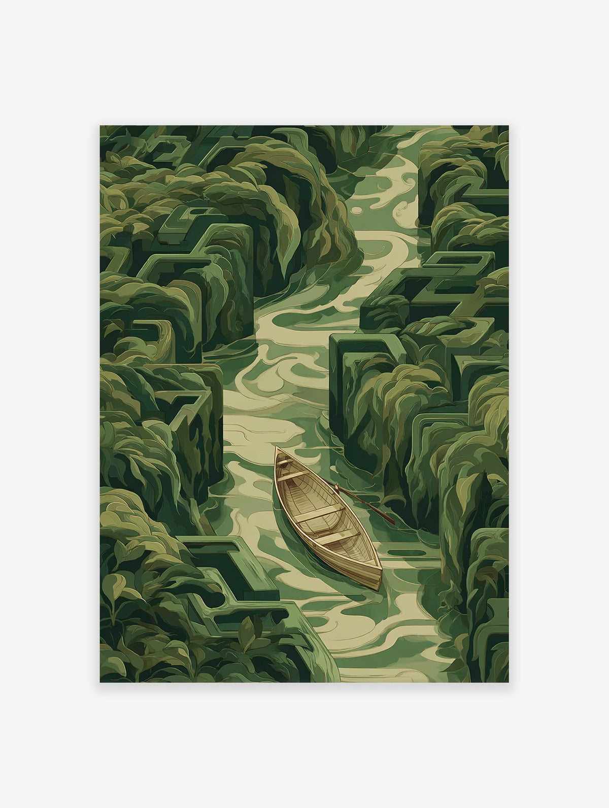 A stylized green landscape poster showing a wooden boat on a winding river within a lush maze of hedges, titled Boat Maze River Art.