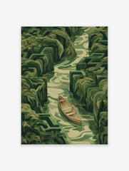A stylized green landscape poster showing a wooden boat on a winding river within a lush maze of hedges, titled Boat Maze River Art.