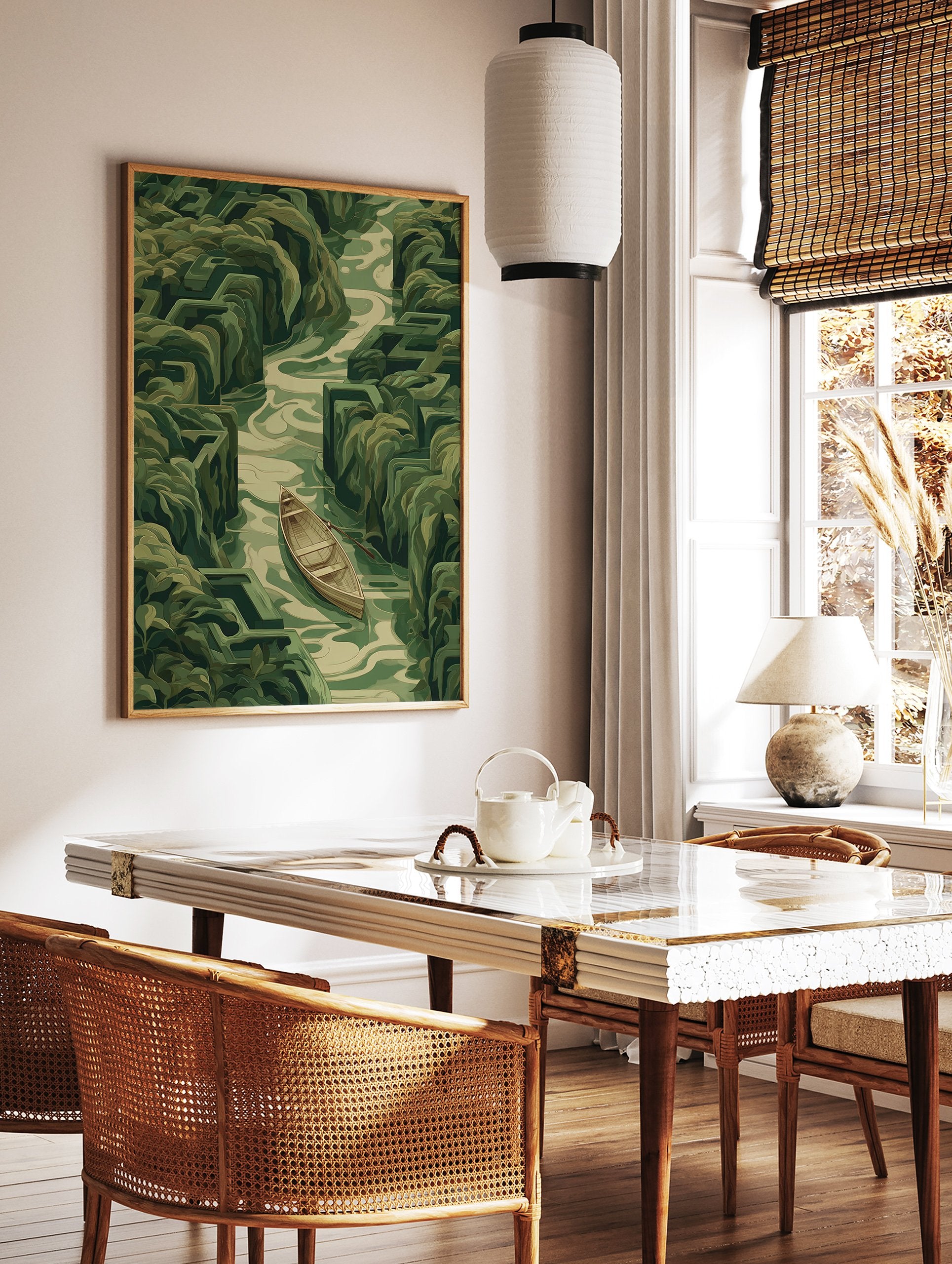 A stylized green landscape poster showing a wooden boat on a winding river within a lush maze of hedges, titled Boat Maze River Art. - Image 2
