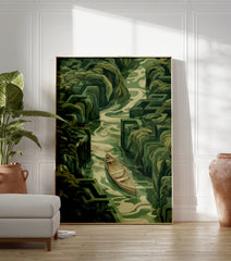 A stylized green landscape poster showing a wooden boat on a winding river within a lush maze of hedges, titled Boat Maze River Art. - Image 3