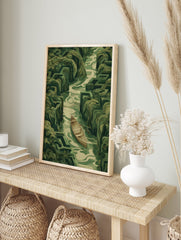 A stylized green landscape poster showing a wooden boat on a winding river within a lush maze of hedges, titled Boat Maze River Art. - Image 4