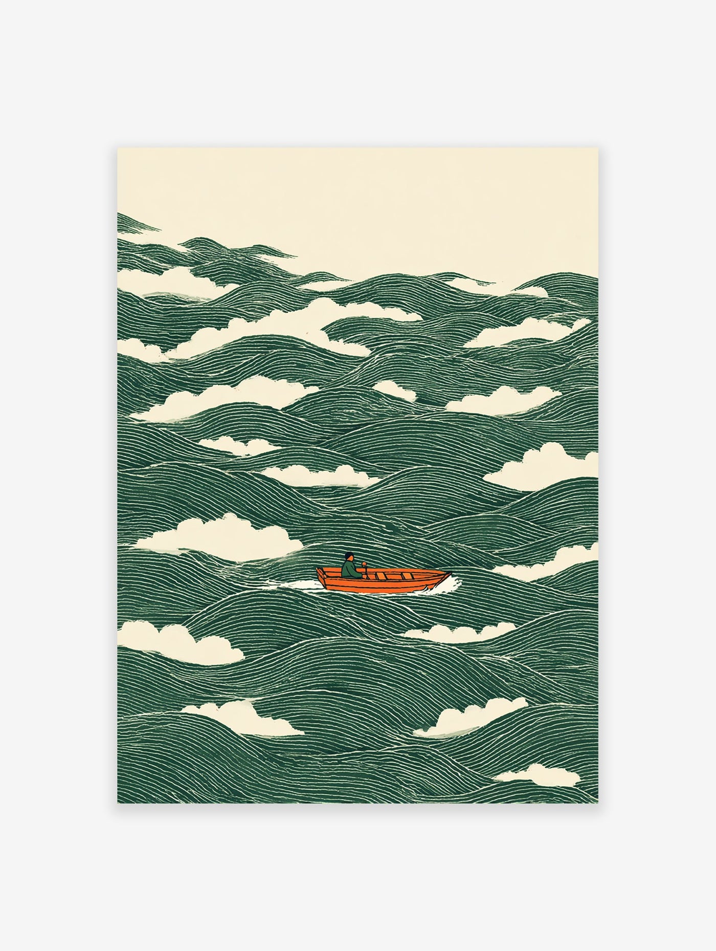 Boat poster featuring an orange boat on stylized green waves with a Japanese art style.