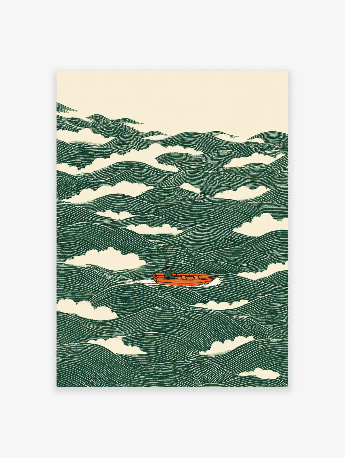 Boat poster featuring an orange boat on stylized green waves with a Japanese art style.