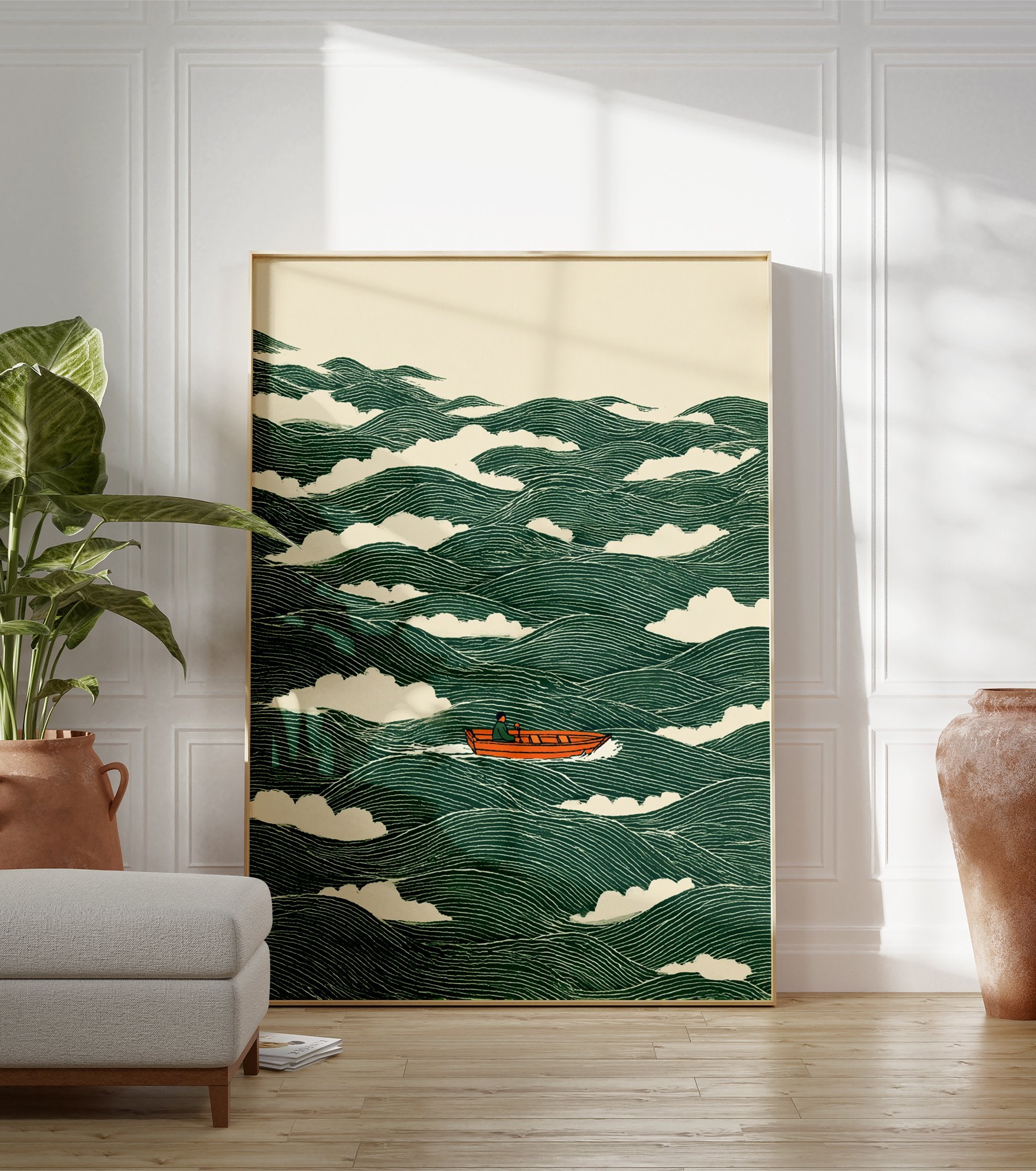 Boat poster featuring an orange boat on stylized green waves with a Japanese art style. - Image 3