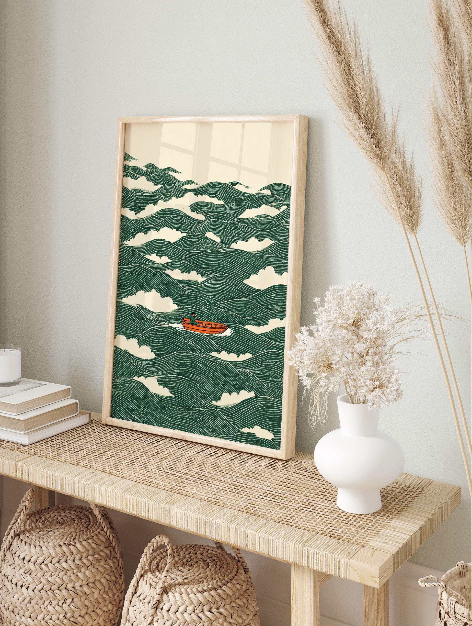 Boat poster featuring an orange boat on stylized green waves with a Japanese art style. - Image 4