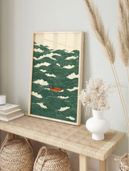 Boat poster featuring an orange boat on stylized green waves with a Japanese art style. - Image 4