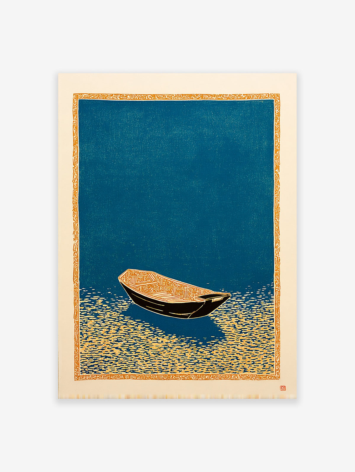Japanese woodcut style boat art print on teal water with an orange decorative border.