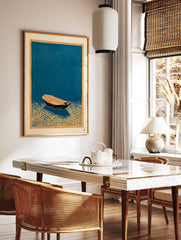Japanese woodcut style boat art print on teal water with an orange decorative border. - Image 2