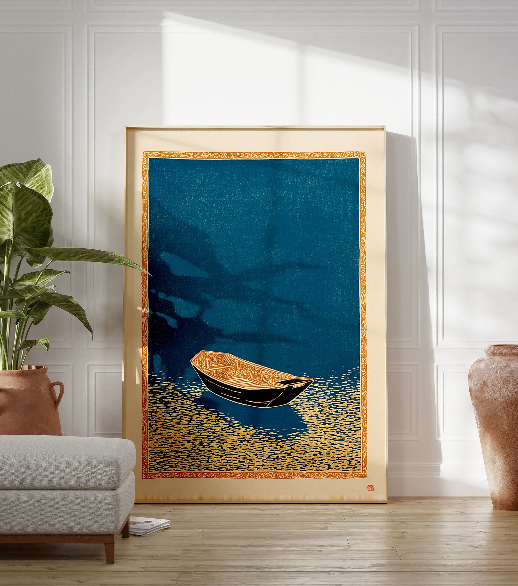 Japanese woodcut style boat art print on teal water with an orange decorative border. - Image 3