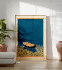 Japanese woodcut style boat art print on teal water with an orange decorative border. - Image 3