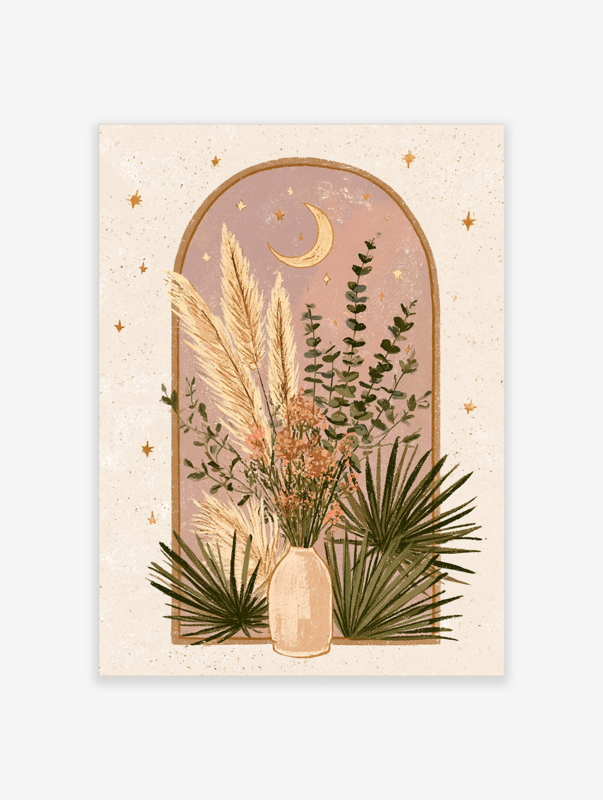 Boho botanical art print with pampas grass, eucalyptus, fan palm, and gold crescent moon in a pink arch