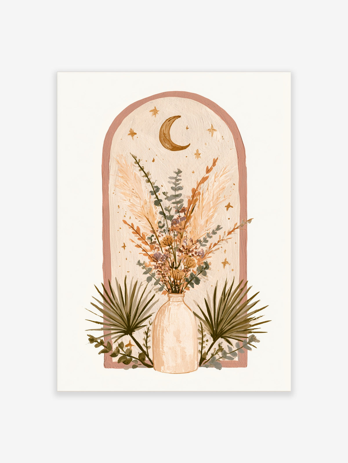 Boho celestial floral arch print with crescent moon, stars, dried grasses and vase on beige background