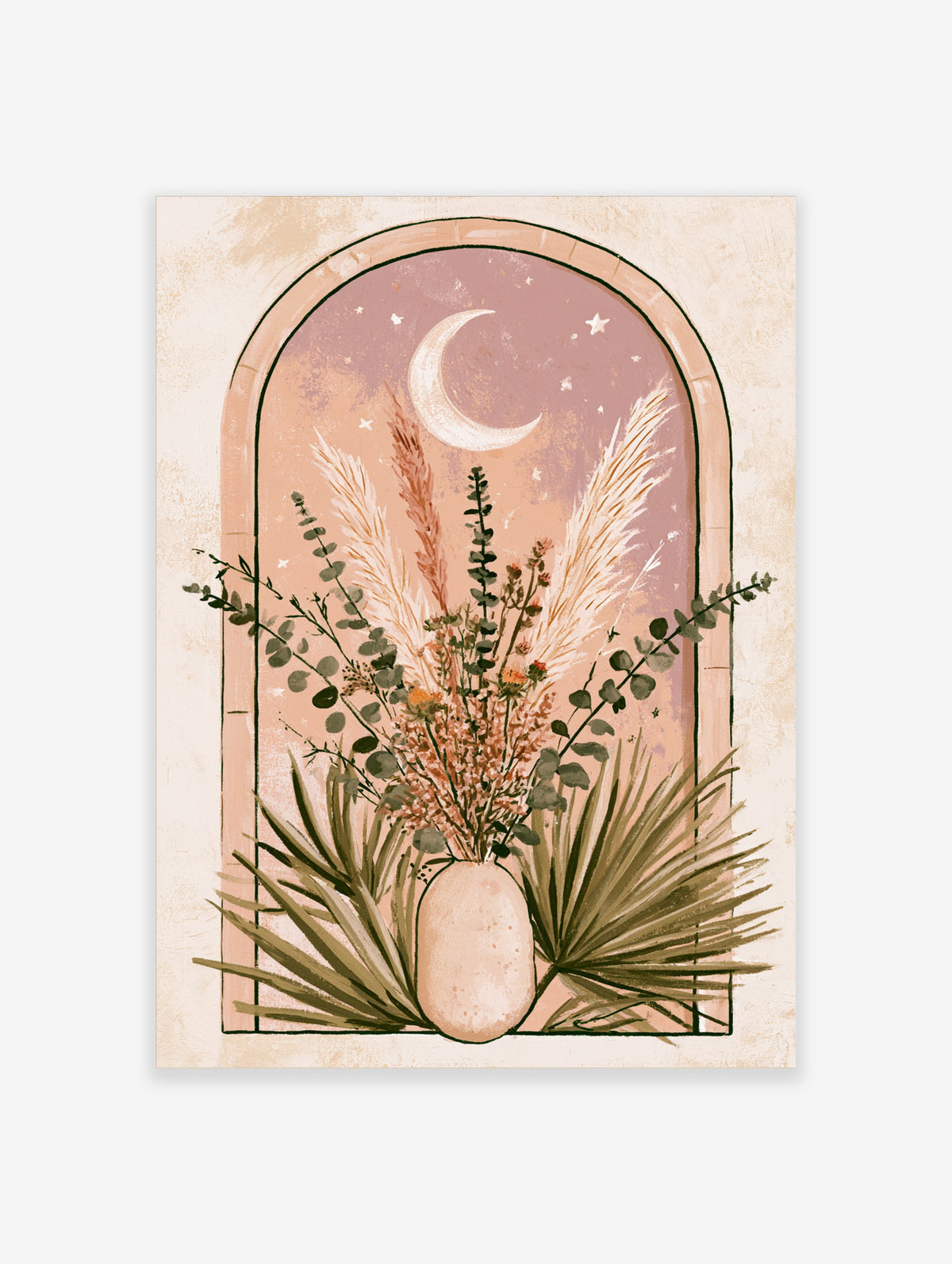 Boho moon and botanical pampas grass art print with crescent moon and blush arch