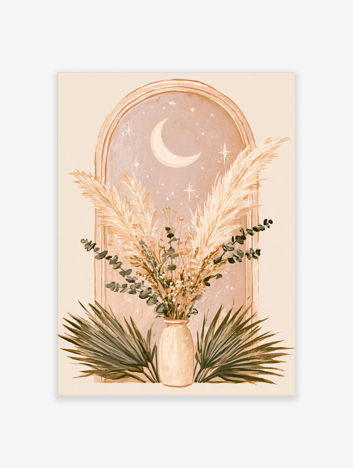 Boho pampas grass in cream vase with crescent moon and stars in arched window art print
