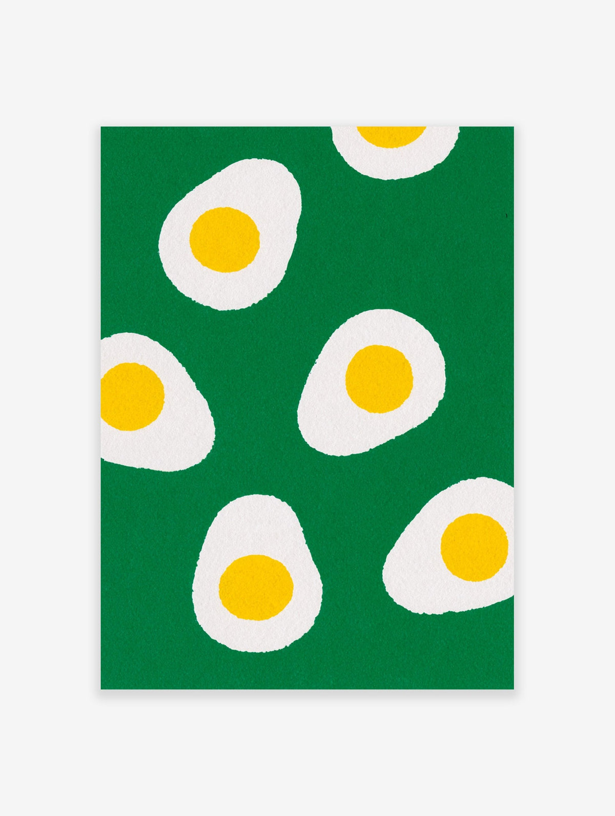Boiled egg pattern wall art with yellow yolks and white egg halves on a bold green background