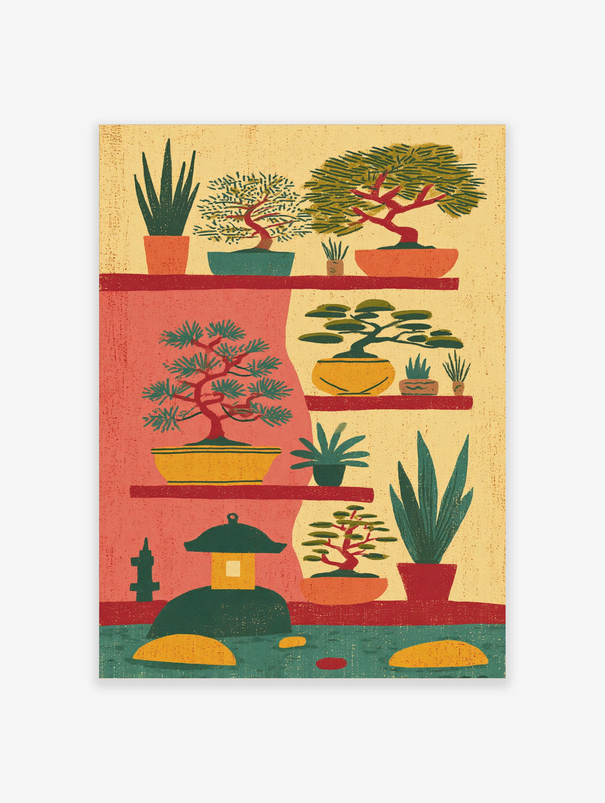 Botanical art print of potted bonsai trees, succulents and a stone lantern on shelves in pink and cream