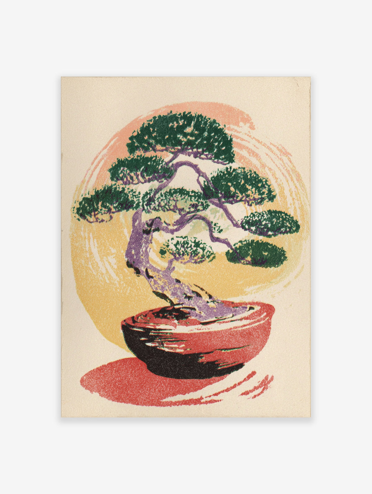 Bonsai tree art print with purple trunk, green foliage, red pot, and peach yellow circular background