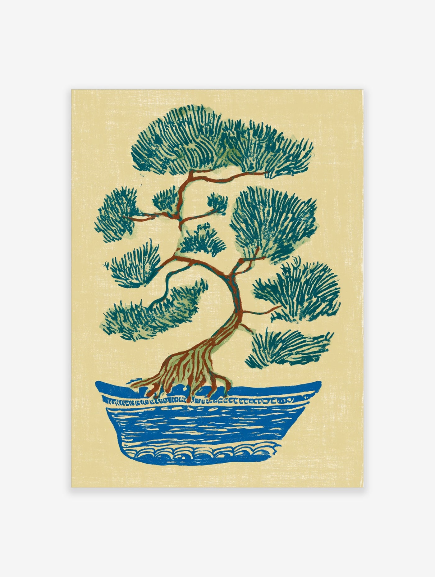Bonsai tree illustration with green pine needles, brown trunk, blue pot on beige background