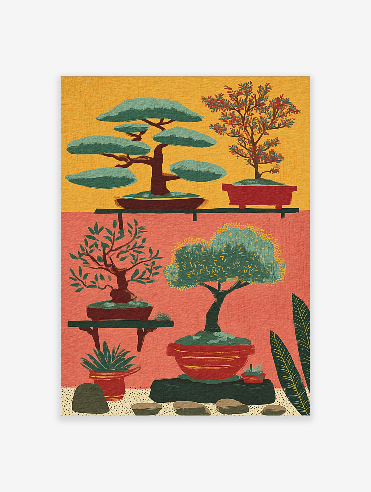 Colourful bonsai tree wall art print with five potted plants on yellow and coral backgrounds
