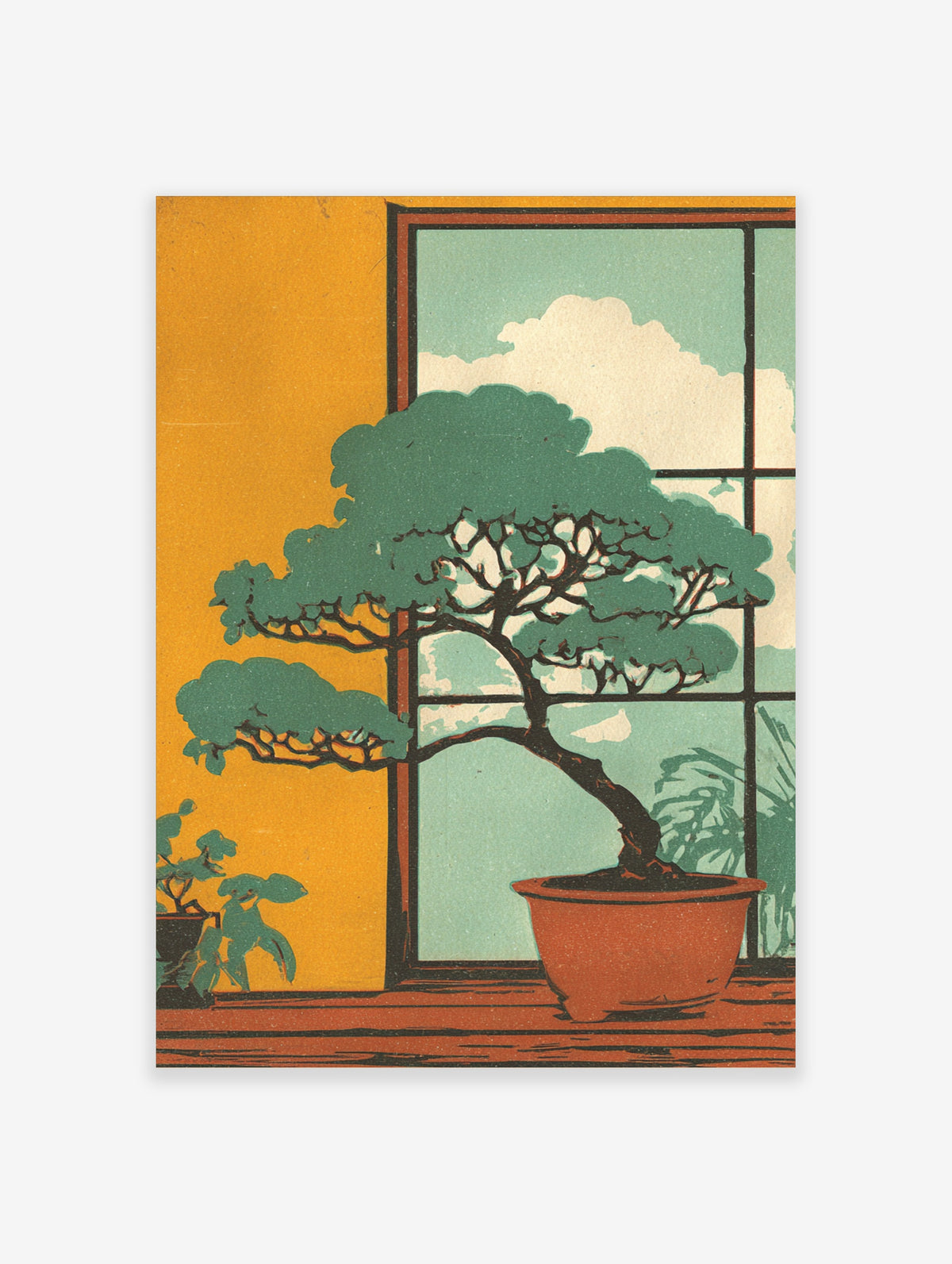 Bonsai tree in terracotta pot against yellow wall and window with teal sky and clouds