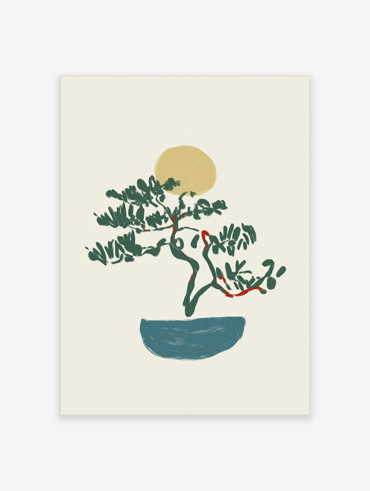 Bonsai tree illustration with green foliage, red trunk accents, yellow sun, blue pot on cream background