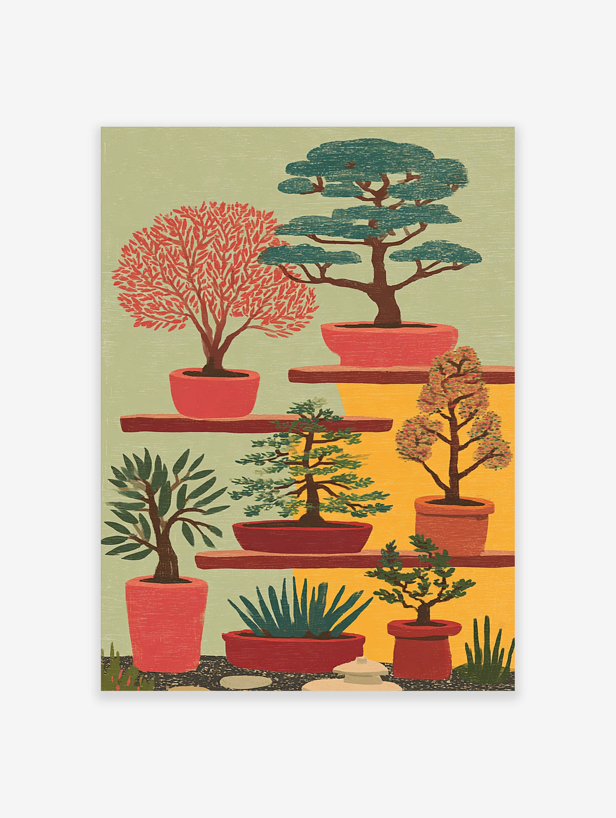 Bonsai tree wall art print with five potted plants on wooden shelves against green and yellow background