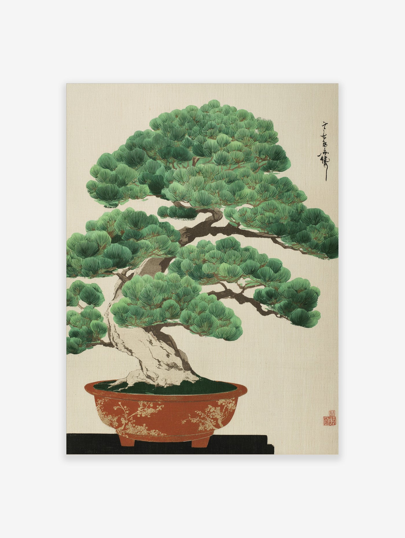 Bonsai pine tree in red pot with white blossoms, Japanese woodblock style print on beige background