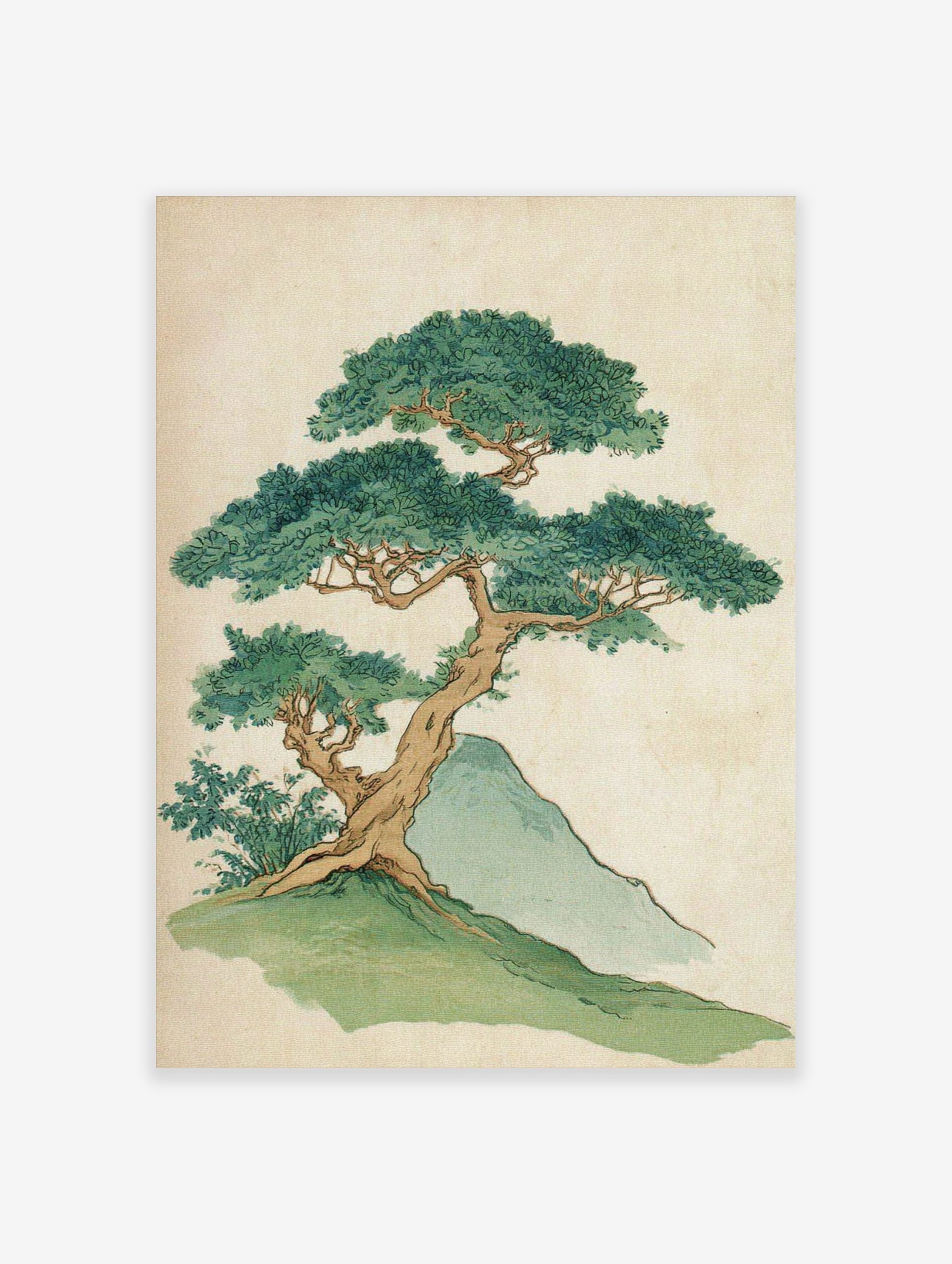 Illustrative print of a gnarled bonsai-style tree with dense green leaves on a grassy hill next to a blue rock