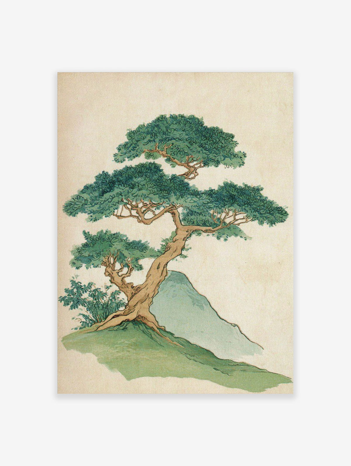 Illustrative print of a gnarled bonsai-style tree with dense green leaves on a grassy hill next to a blue rock