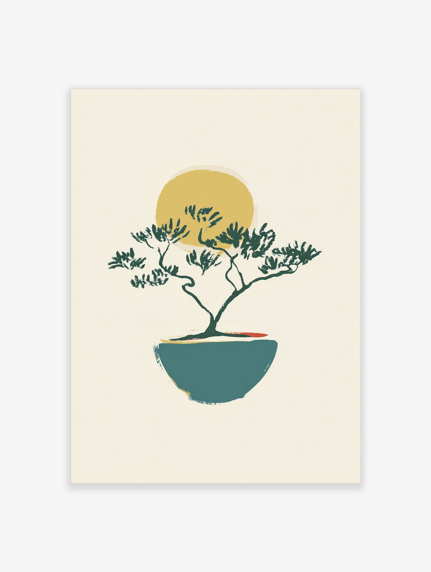 Minimalist bonsai tree print with yellow sun and teal pot on off-white background