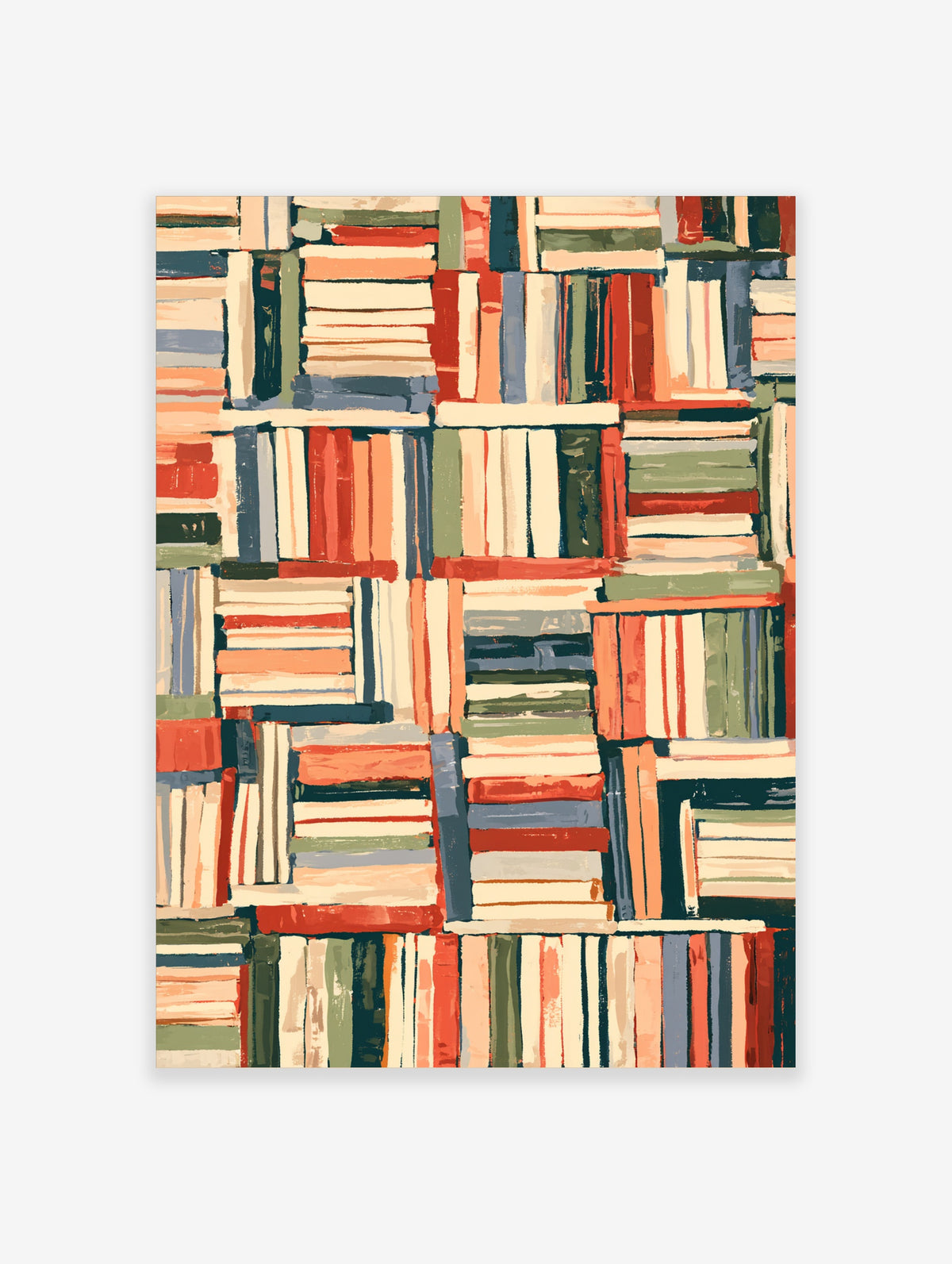 Colourful book stack art print with painted spines in red, blue, green, and cream