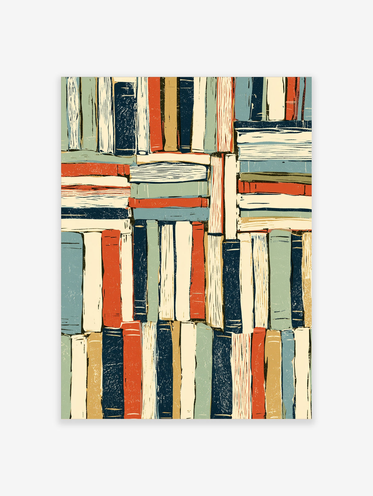 Colourful book stack art print with vertical spines in navy, red, blue, and cream