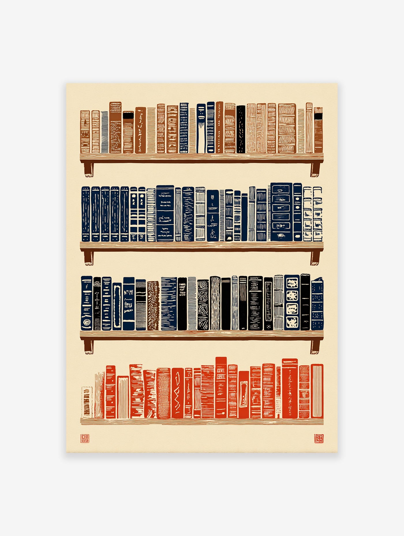 Bookshelf art print showing four shelves of abstractly patterned books in brown, blue, and red on a cream background.