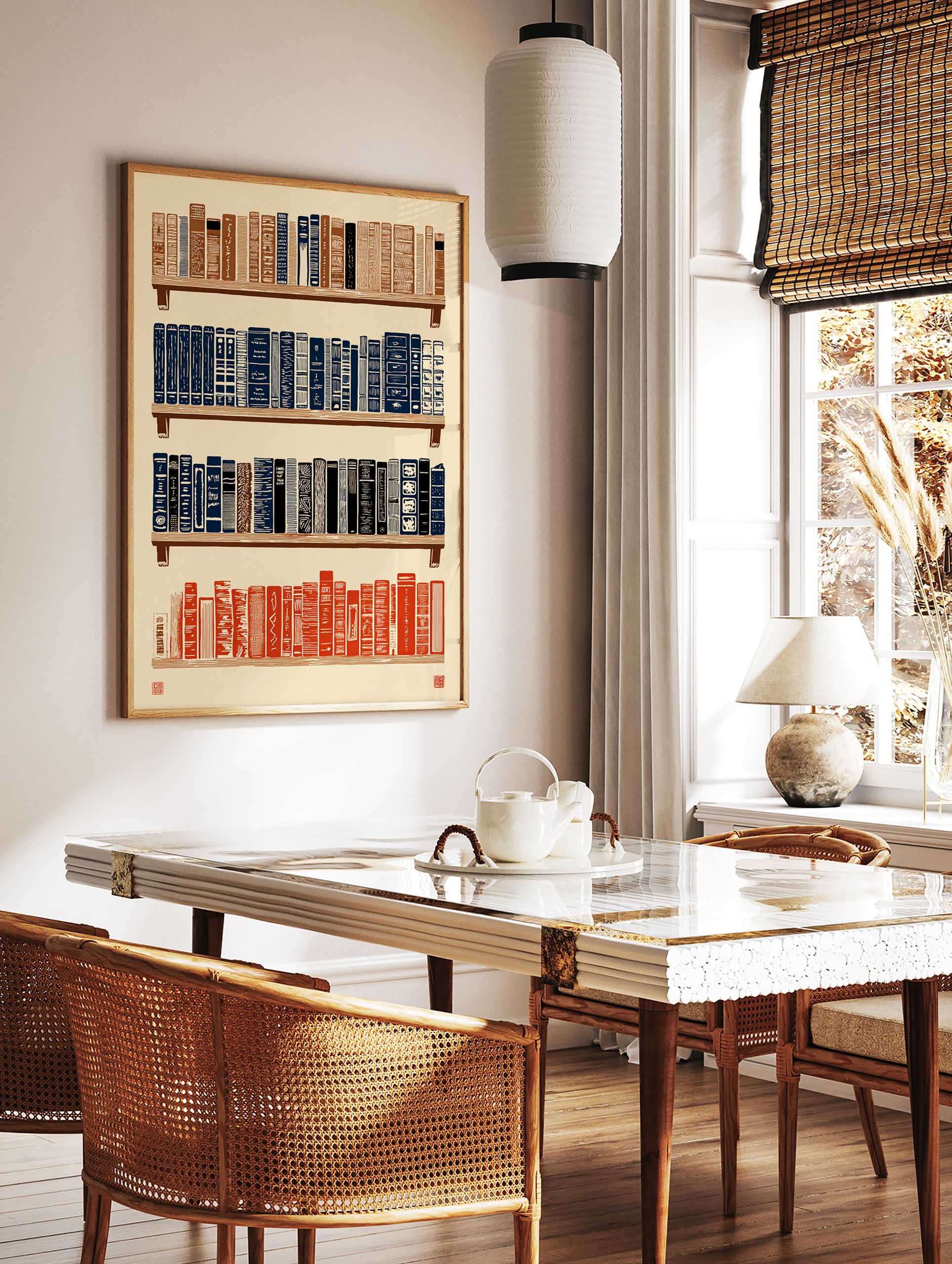 Bookshelf art print showing four shelves of abstractly patterned books in brown, blue, and red on a cream background. - Image 2