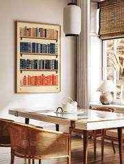 Bookshelf art print showing four shelves of abstractly patterned books in brown, blue, and red on a cream background. - Image 2