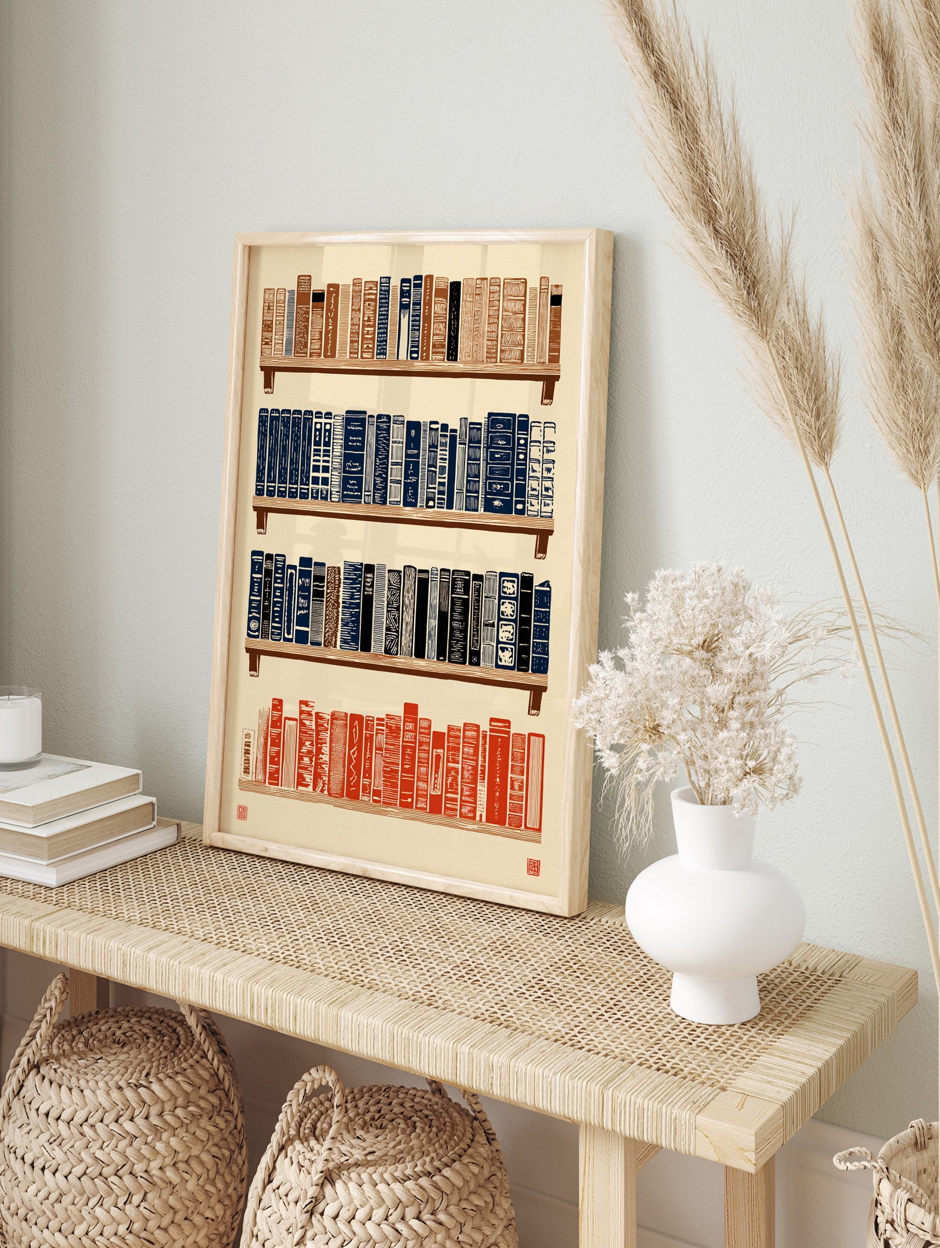 Bookshelf art print showing four shelves of abstractly patterned books in brown, blue, and red on a cream background. - Image 3